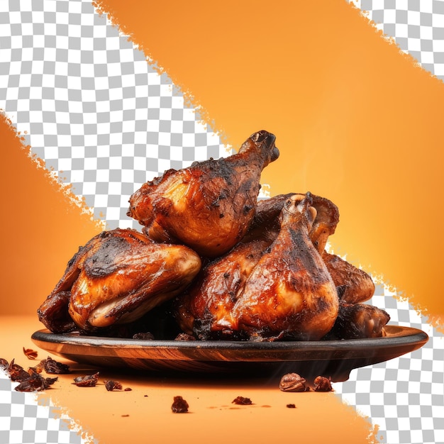 Chicken cooked over an open flame and placed on a surface