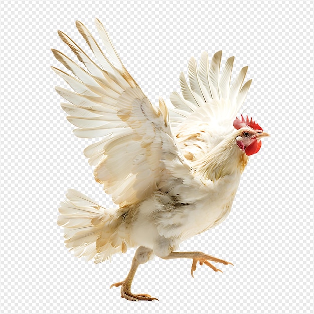 PSD chicken flying open wings on isolated transparent background