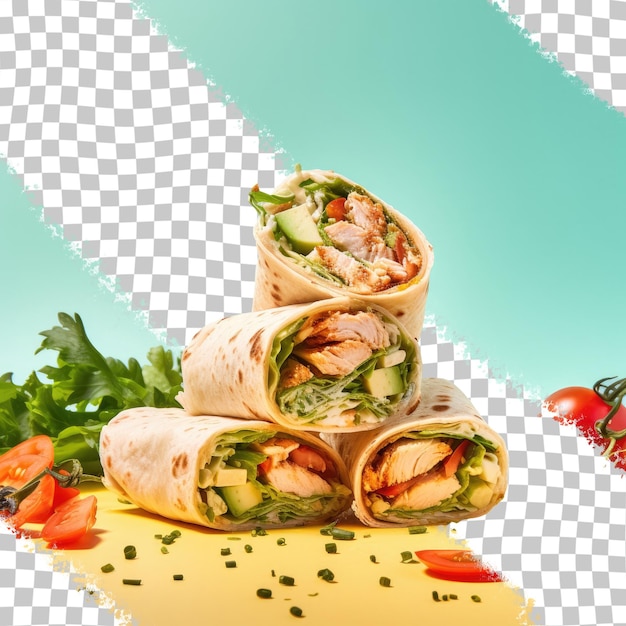 Chicken and fresh vegetables wrapped in tortillas showcased on a transparent background