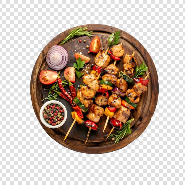 Chicken grilled shashlik with various spices on a wooden board with a transparent background