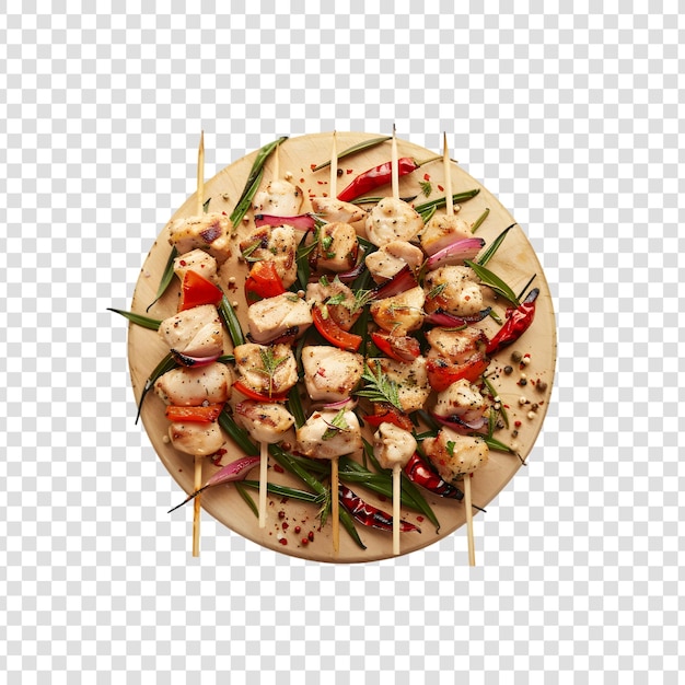 Chicken grilled shashlik with various spices on a wooden board with a transparent background