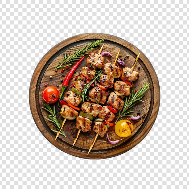 Chicken grilled shashlik with various spices on a wooden board with a transparent background