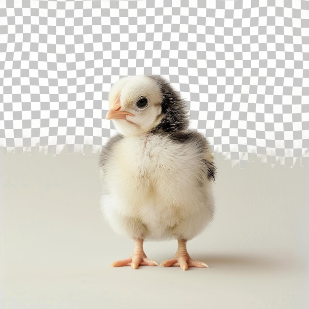 a chicken is standing on a white surface with a checkered background