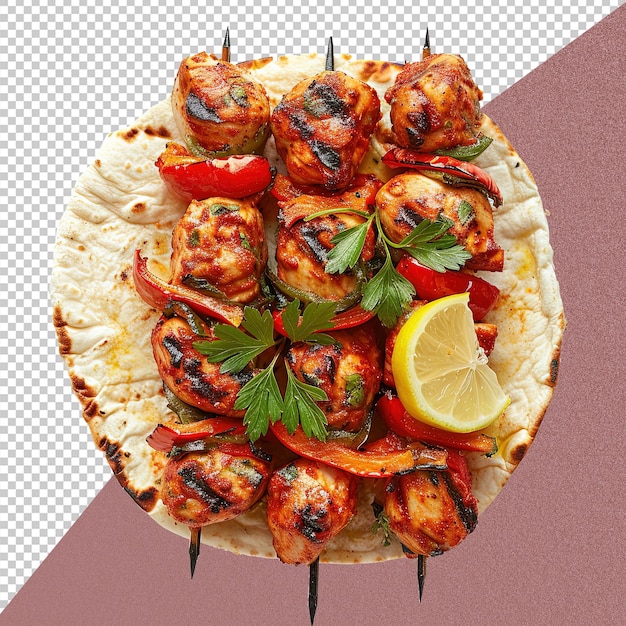 PSD chicken kebab top view white background isolated food photography