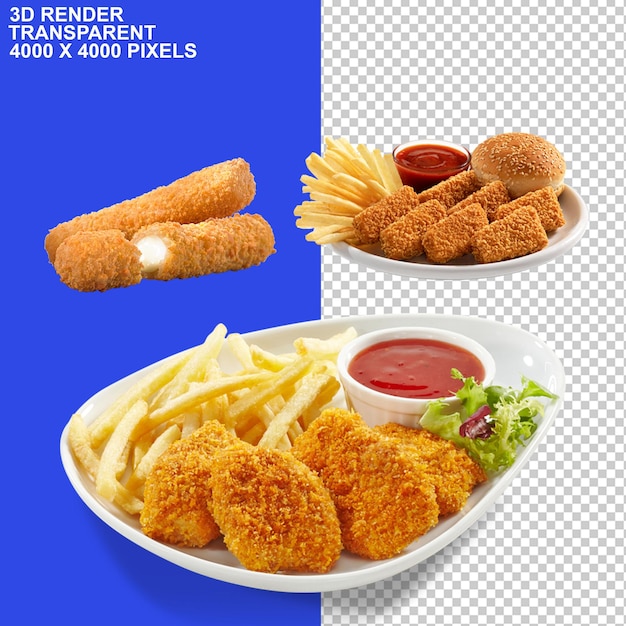 Chicken leg piece nuggets Fry seikh kabab Fish fried nuggets with sauce ketchup in plate