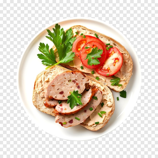 PSD chicken liver pate and boiled sausage sandwich isolated on a transparent background