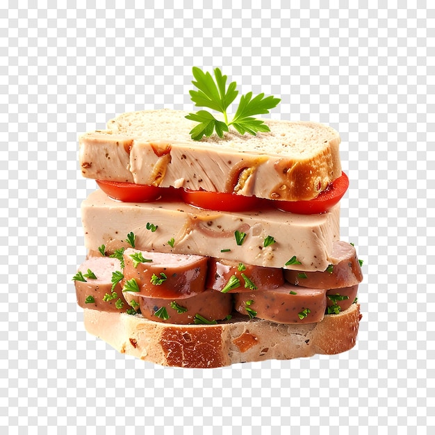 PSD chicken liver pate and boiled sausage sandwich isolated on a transparent background