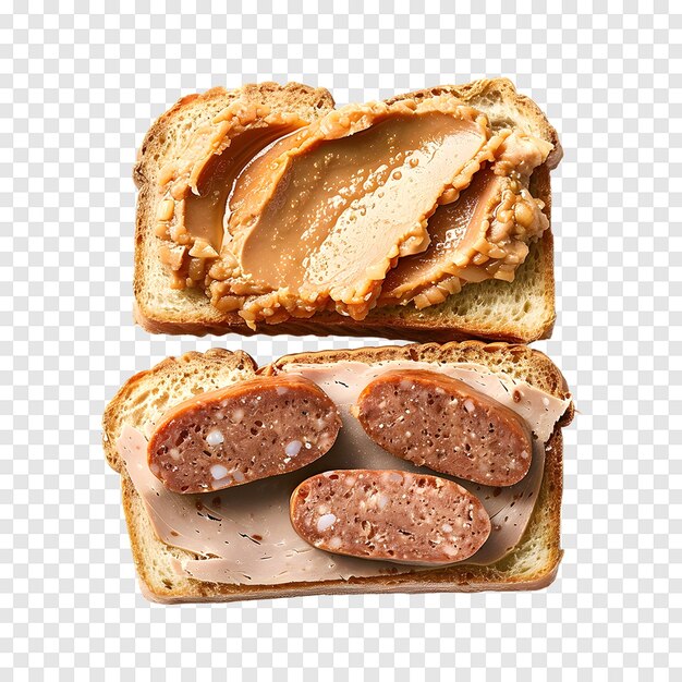 PSD chicken liver pate and boiled sausage sandwich isolated on a transparent background