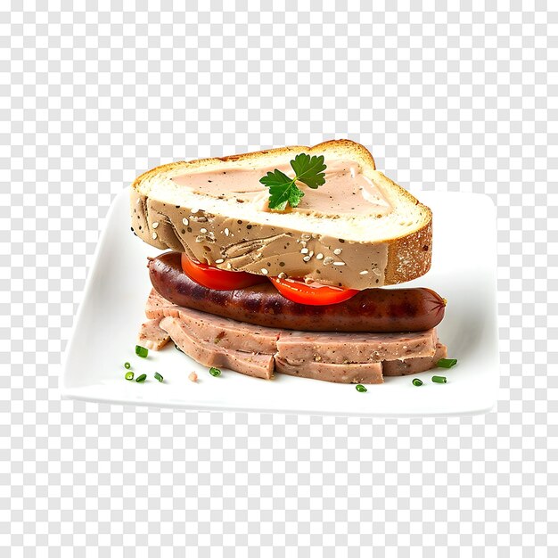 PSD chicken liver pate and boiled sausage sandwich isolated on a transparent background