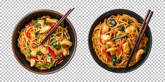 PSD chicken noodles in a bowl with chopsticks on transparent background cutout top view png