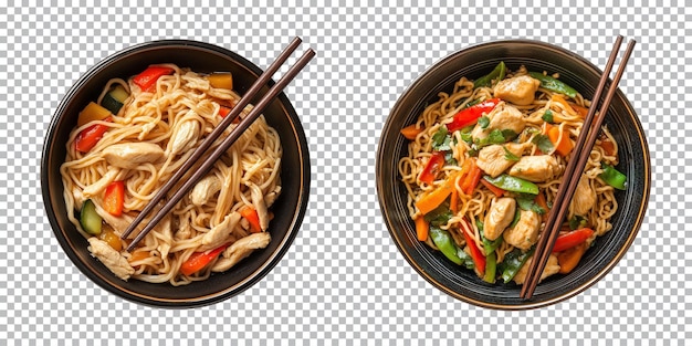 chicken noodles in a bowl with chopsticks on transparent background cutout top view PNG