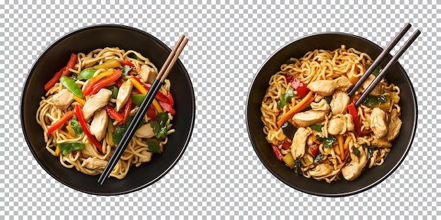 chicken noodles in a bowl with chopsticks on transparent background cutout top view PNG