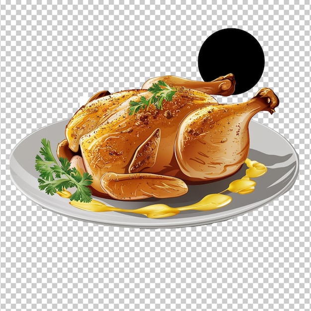 a chicken on a plate with a black circle on it