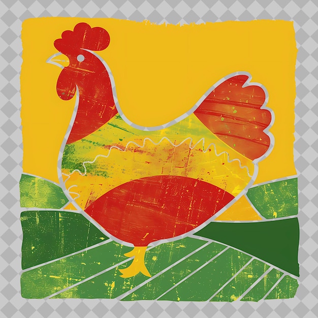 PSD chicken in a rectangular silhouette farmland landscape dep png watercolor wild life collections