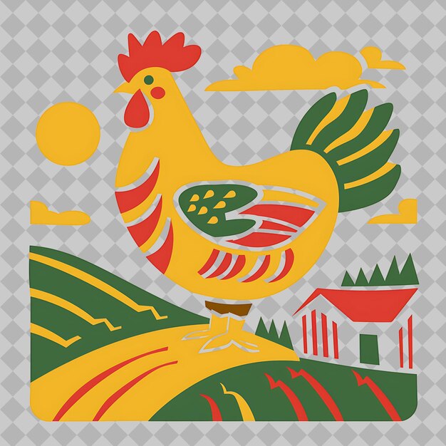 PSD chicken in a rectangular silhouette farmland landscape dep png watercolor wild life collections