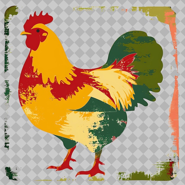 PSD chicken in a rectangular silhouette farmland landscape dep png watercolor wild life collections