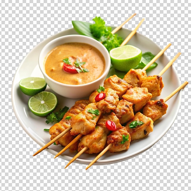 PSD chicken satay on a plate with a bowl isolated on white background