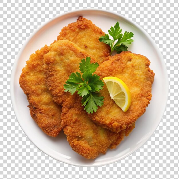 PSD chicken schnitzel on white plate top view isolated on transparent background