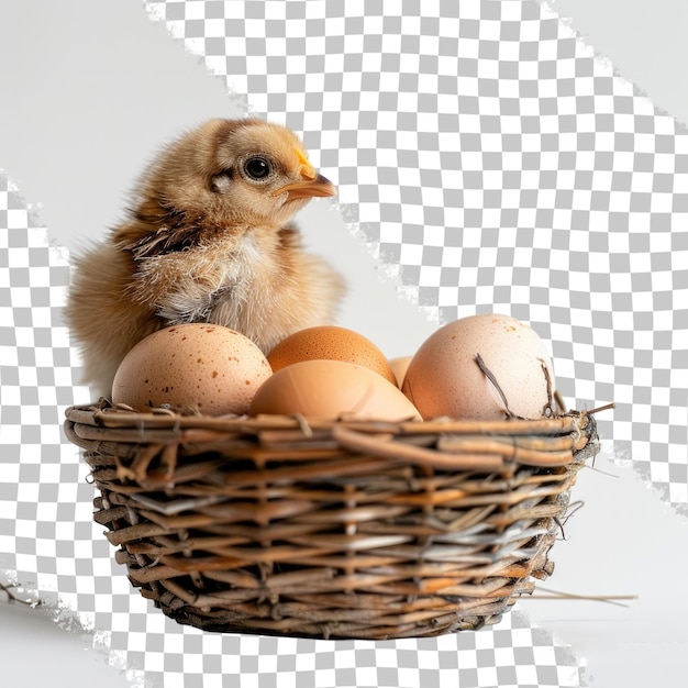 PSD a chicken sits in a basket with eggs in it