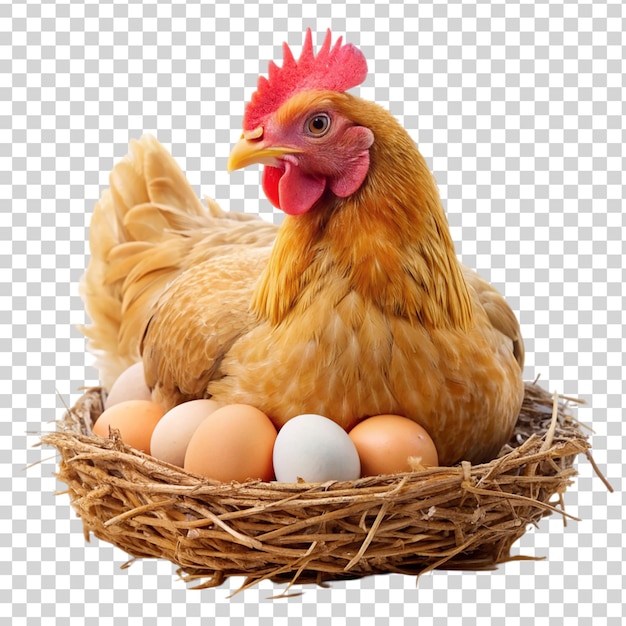 PSD a chicken sits in a nest with eggs in the background