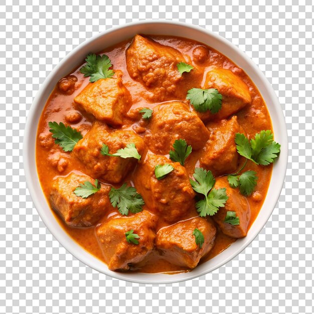 PSD chicken tikka masala spicy curry meat on white bowl on transparent background