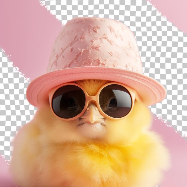 a chicken wearing a pink hat and sunglasses with a pink hat on