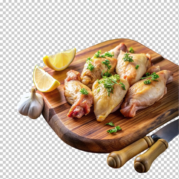 chicken wings herbs garlic and cleaver on wooden on transparent background