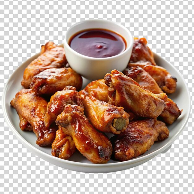 PSD chicken wings with barbecue sauce in the kitchen in plate isolated on transparent background