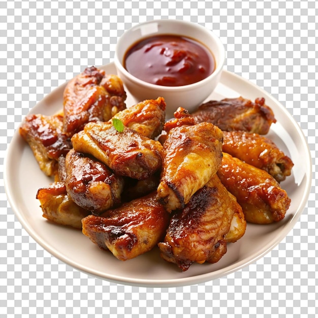 Chicken wings with barbecue sauce in the kitchen in plate isolated on transparent background