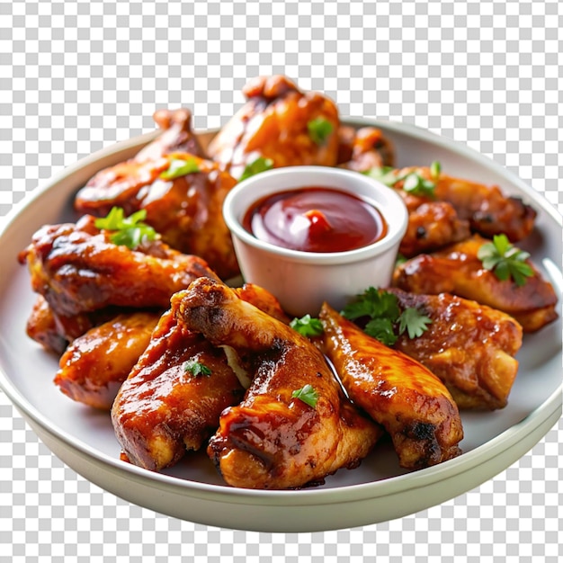 Chicken wings with barbecue sauce in the kitchen in plate isolated on transparent background