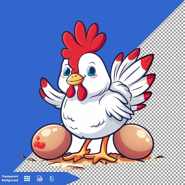 a chicken with a red beak and a blue background with a picture of a chicken