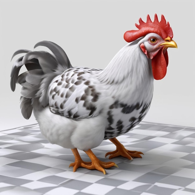 PSD a chicken with a red comb is standing on a checkered floor