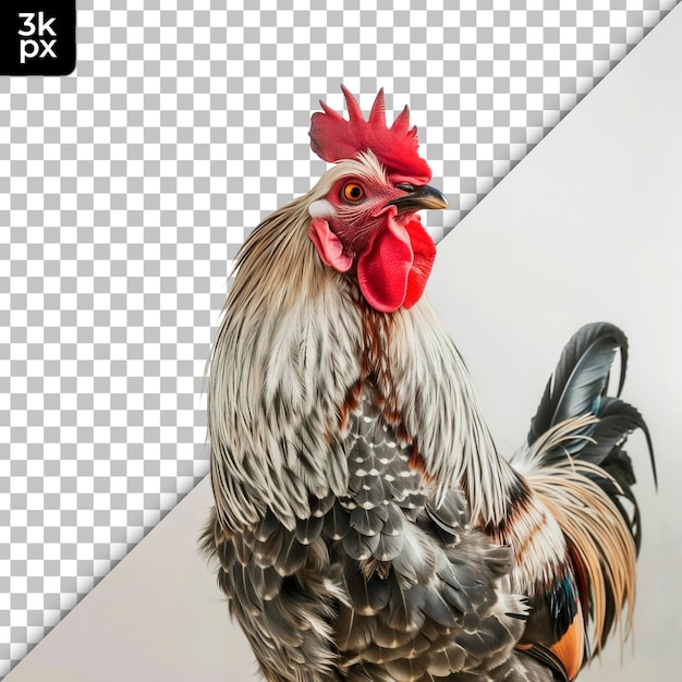 a chicken with a red head and a black and white background