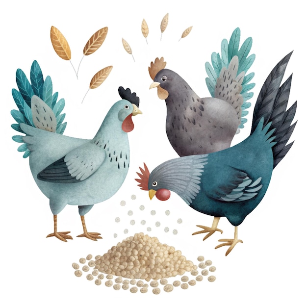 PSD chickens pecking grains watercolor illustration for childrens clothing and prints