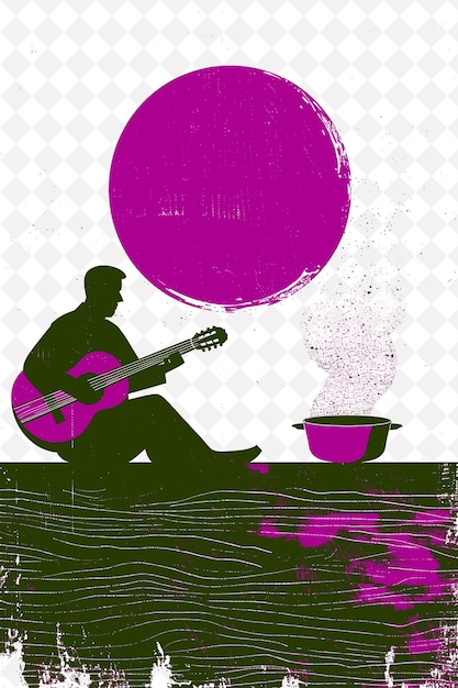 PSD chico buarque playing a guitar a red feijoada pot simmering brazil scene and culture illustrations