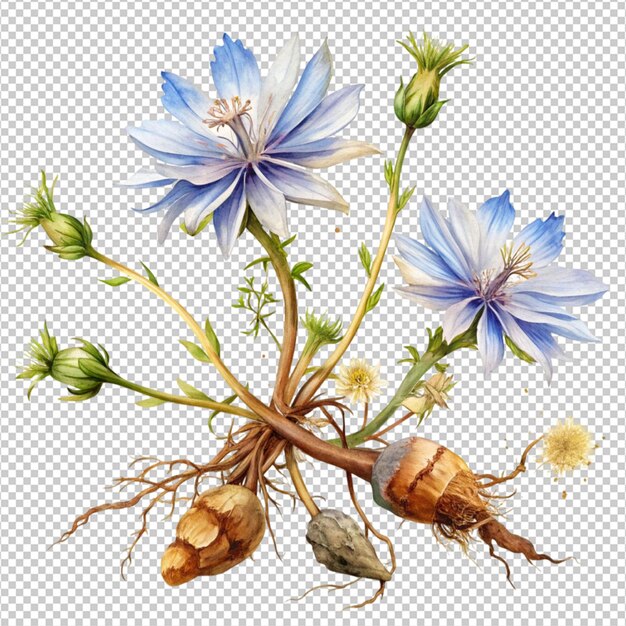 PSD chicory flowers with crushed root isolated on white background