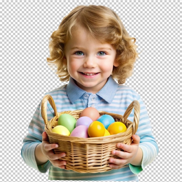 PSD child holding easter eggs in basket on transparent background