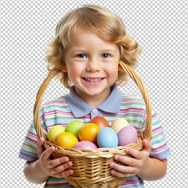 PSD child holding easter eggs in basket on transparent background