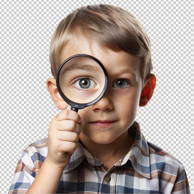 PSD child holding a magnifying glass to his eye on transperent background