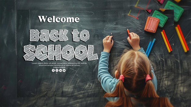 PSD a child is drawing on a chalkboard with the words welcome back to school