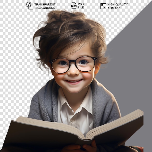 A child reading book isolated on transparent background