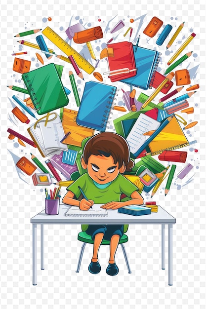 a child sits at a desk with a pile of books and a cartoon illustration of a boy working