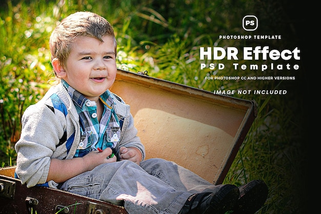 A child sits in an open suitcase with the title hdr effect psp.