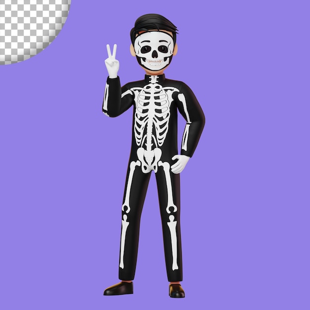 Child in skeleton costume preparing for Halloween party 3D rendering illustration