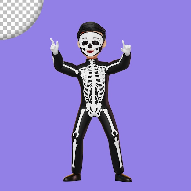 Child in skeleton costume preparing for Halloween party 3D rendering illustration