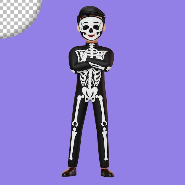 Child in skeleton costume preparing for Halloween party 3D rendering illustration