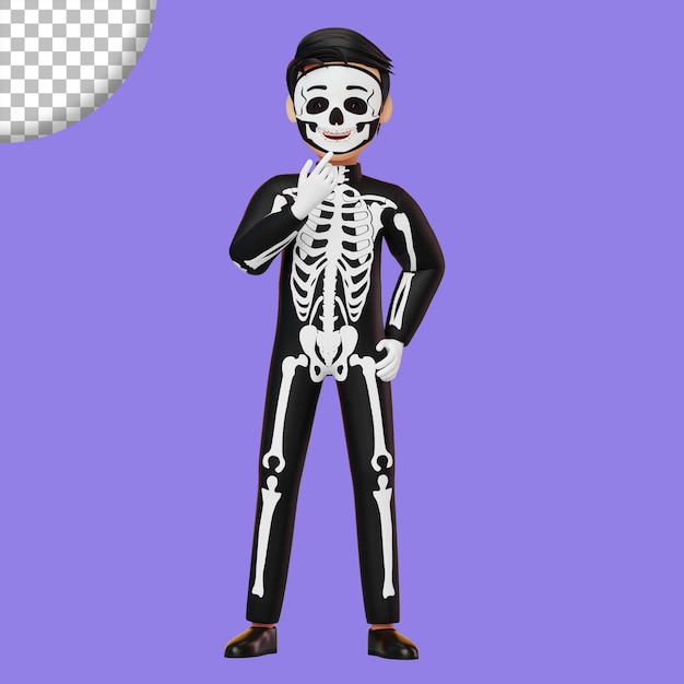 Child in skeleton costume preparing for Halloween party thinking pose 3D rendering illustration