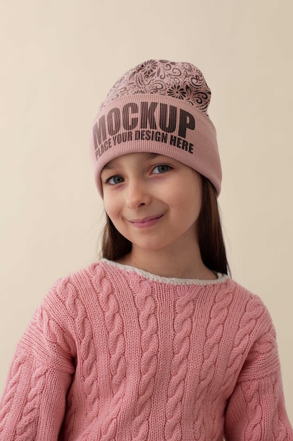 Child wearing beanie mockup