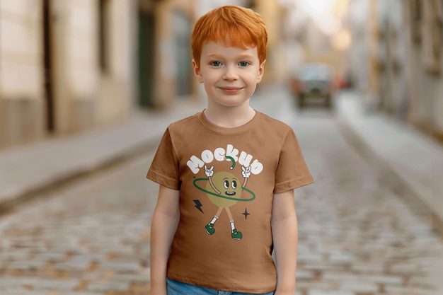 PSD child wearing brown t-shirt mock-up