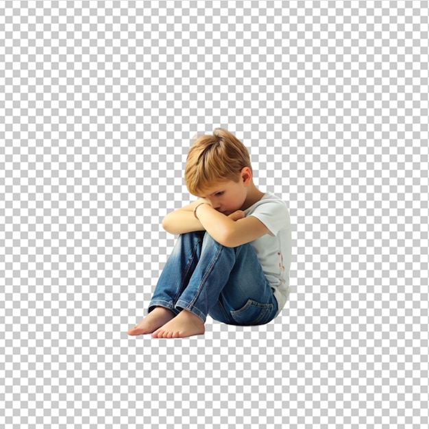 a child whose depression is sitting on the floor on transparent background